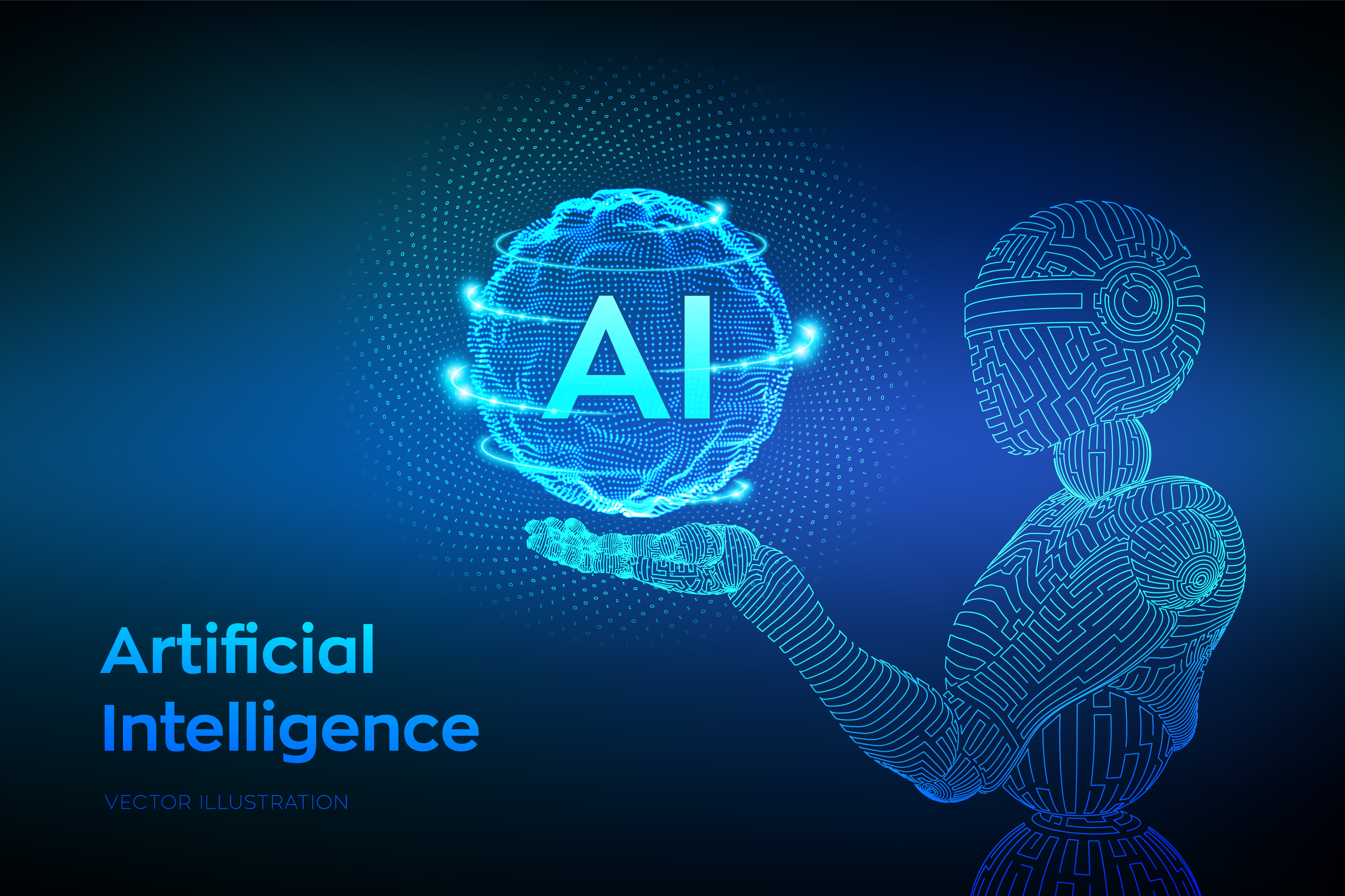 Robot wireframe. Kecerdasan buatan AI dalam tangan robot. Konsep pembelajaran mesin dan dominasi pikiran dunia maya. (Freepik)